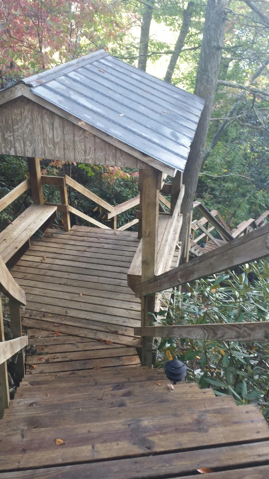 Metal roofed shelter over wooden steps on a wooded walkway — Skylight Repair & Installation work by our crew in Bonanza